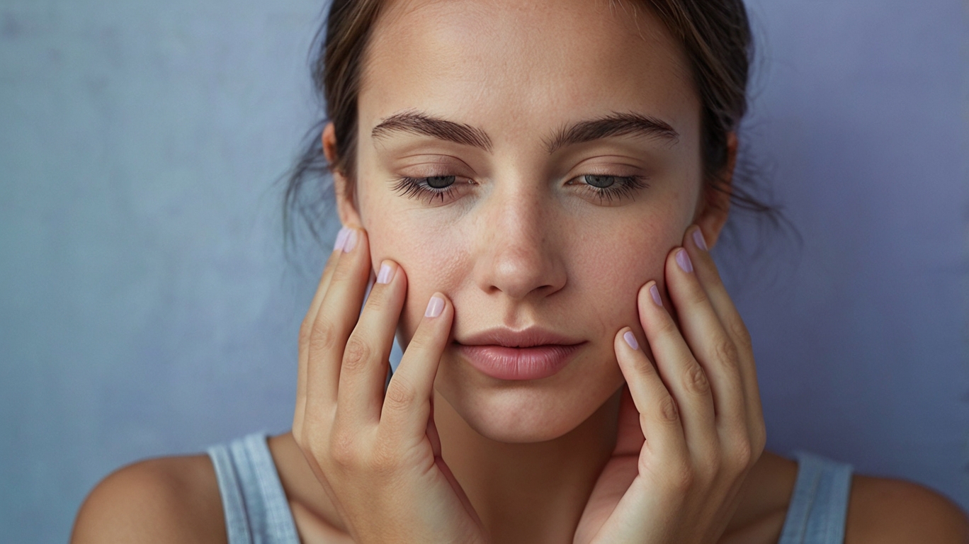 زن جوان در حال ضربه زدن به نقاط انرژی صورت خود با استفاده از تکنیک EFT